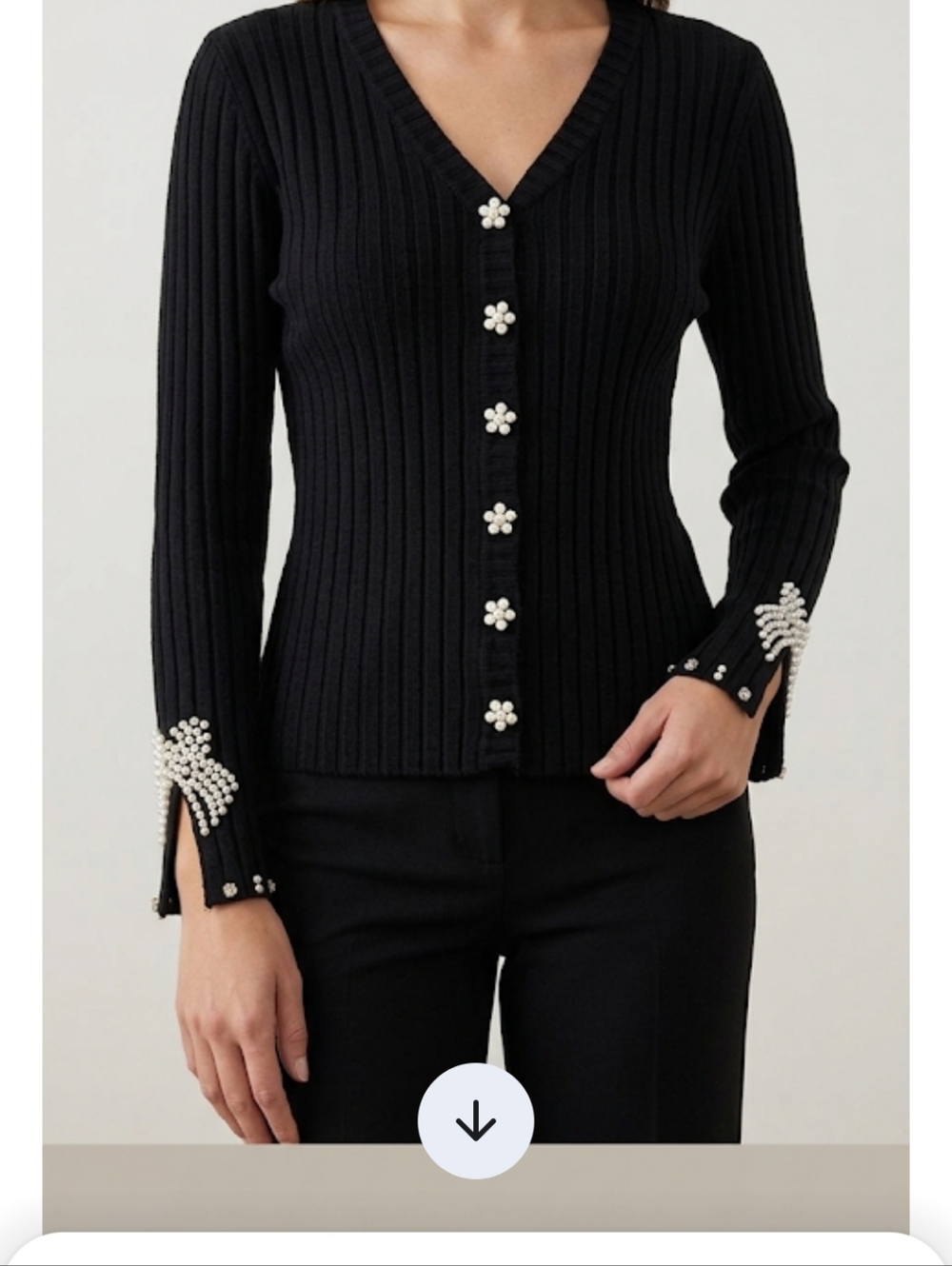 ChicMe Black Ribbed Cardigan - Size-14 Pearl Bows & Jewel Cuffs